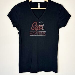 Womens Sip Happens Wine Cocktail Wine Rhinestone‎ T Shirt XL Black Bling V Neck